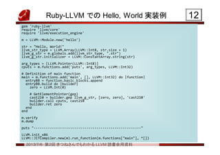 2013/7/6 第2回 きつねさんでもわかる LLVM 読書会用資料
Ruby-LLVM での Hello, World 実装例 1212
gem 'ruby-llvm'
require 'llvm/core'
require 'llvm/execution_engine'
m = LLVM::Module.new('hello')
str = "Hello, World!"
llvm_str_type = LLVM.Array(LLVM::Int8, str.size + 1)
llvm_g_str = m.globals.add(llvm_str_type, ".str")
llvm_g_str.initializer = LLVM::ConstantArray.string(str)
arg_types = [LLVM.Pointer(LLVM::Int8)]
cputs = m.functions.add('puts', arg_types, LLVM::Int32)
# Definition of main function
main = m.functions.add('main', [], LLVM::Int32) do |function|
entryBB = function.basic_blocks.append
entryBB.build do |builder|
zero = LLVM.Int(0)
# GetElementPointer(gep)
cast210 = builder.gep llvm_g_str, [zero, zero], 'cast210'
builder.call cputs, cast210
builder.ret zero
end
end
m.verify
m.dump
puts "-----------------------------------------------------"
LLVM.init_x86
LLVM::JITCompiler.new(m).run_function(m.functions["main"], *[])
gem 'ruby-llvm'
require 'llvm/core'
require 'llvm/execution_engine'
m = LLVM::Module.new('hello')
str = "Hello, World!"
llvm_str_type = LLVM.Array(LLVM::Int8, str.size + 1)
llvm_g_str = m.globals.add(llvm_str_type, ".str")
llvm_g_str.initializer = LLVM::ConstantArray.string(str)
arg_types = [LLVM.Pointer(LLVM::Int8)]
cputs = m.functions.add('puts', arg_types, LLVM::Int32)
# Definition of main function
main = m.functions.add('main', [], LLVM::Int32) do |function|
entryBB = function.basic_blocks.append
entryBB.build do |builder|
zero = LLVM.Int(0)
# GetElementPointer(gep)
cast210 = builder.gep llvm_g_str, [zero, zero], 'cast210'
builder.call cputs, cast210
builder.ret zero
end
end
m.verify
m.dump
puts "-----------------------------------------------------"
LLVM.init_x86
LLVM::JITCompiler.new(m).run_function(m.functions["main"], *[])
 