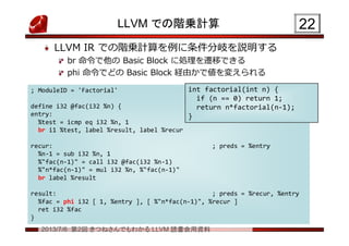 2013/7/6 第2回 きつねさんでもわかる LLVM 読書会用資料
LLVM での階乗計算
LLVM IR での階乗計算を例に条件分岐を説明する
br 命令で他の Basic Block に処理を遷移できる
phi 命令でどの Basic Block 経由かで値を変えられる
2222
; ModuleID = 'Factorial'
define i32 @fac(i32 %n) {
entry:
%test = icmp eq i32 %n, 1
br i1 %test, label %result, label %recur
recur: ; preds = %entry
%n-1 = sub i32 %n, 1
%"fac(n-1)" = call i32 @fac(i32 %n-1)
%"n*fac(n-1)" = mul i32 %n, %"fac(n-1)"
br label %result
result: ; preds = %recur, %entry
%fac = phi i32 [ 1, %entry ], [ %"n*fac(n-1)", %recur ]
ret i32 %fac
}
; ModuleID = 'Factorial'
define i32 @fac(i32 %n) {
entry:
%test = icmp eq i32 %n, 1
br i1 %test, label %result, label %recur
recur: ; preds = %entry
%n-1 = sub i32 %n, 1
%"fac(n-1)" = call i32 @fac(i32 %n-1)
%"n*fac(n-1)" = mul i32 %n, %"fac(n-1)"
br label %result
result: ; preds = %recur, %entry
%fac = phi i32 [ 1, %entry ], [ %"n*fac(n-1)", %recur ]
ret i32 %fac
}
int factorial(int n) {
if (n == 0) return 1;
return n*factorial(n-1);
}
int factorial(int n) {
if (n == 0) return 1;
return n*factorial(n-1);
}
 