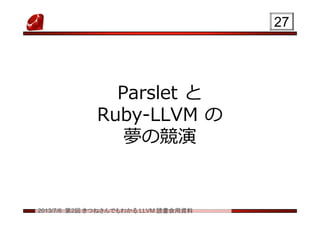 2013/7/6 第2回 きつねさんでもわかる LLVM 読書会用資料
Parslet と
Ruby-LLVM の
夢の競演
2727
 