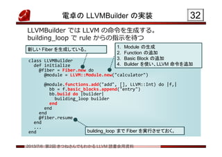 2013/7/6 第2回 きつねさんでもわかる LLVM 読書会用資料
電卓の LLVMBuilder の実装
LLVMBuilder では LLVM の命令を生成する。
building_loop で rule からの指示を待つ
3232
class LLVMBuilder
def initialize
@fiber = Fiber.new do
@module = LLVM::Module.new("calculator")
@module.functions.add("add", [], LLVM::Int) do |f,|
bb = f.basic_blocks.append("entry")
bb.build do |builder|
building_loop builder
end
end
end
@fiber.resume
end
...
end
class LLVMBuilder
def initialize
@fiber = Fiber.new do
@module = LLVM::Module.new("calculator")
@module.functions.add("add", [], LLVM::Int) do |f,|
bb = f.basic_blocks.append("entry")
bb.build do |builder|
building_loop builder
end
end
end
@fiber.resume
end
...
end
新しい Fiber を生成している。新しい Fiber を生成している。
1. Module の生成
2. Function の追加
3. Basic Block の追加
4. Builder を使い、LLVM 命令を追加
1. Module の生成
2. Function の追加
3. Basic Block の追加
4. Builder を使い、LLVM 命令を追加
building_loop まで Fiber を実行させておく。building_loop まで Fiber を実行させておく。
 