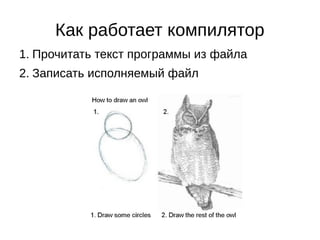 Как работает компилятор
1. Прочитать текст программы из файла
2. Записать исполняемый файл
 