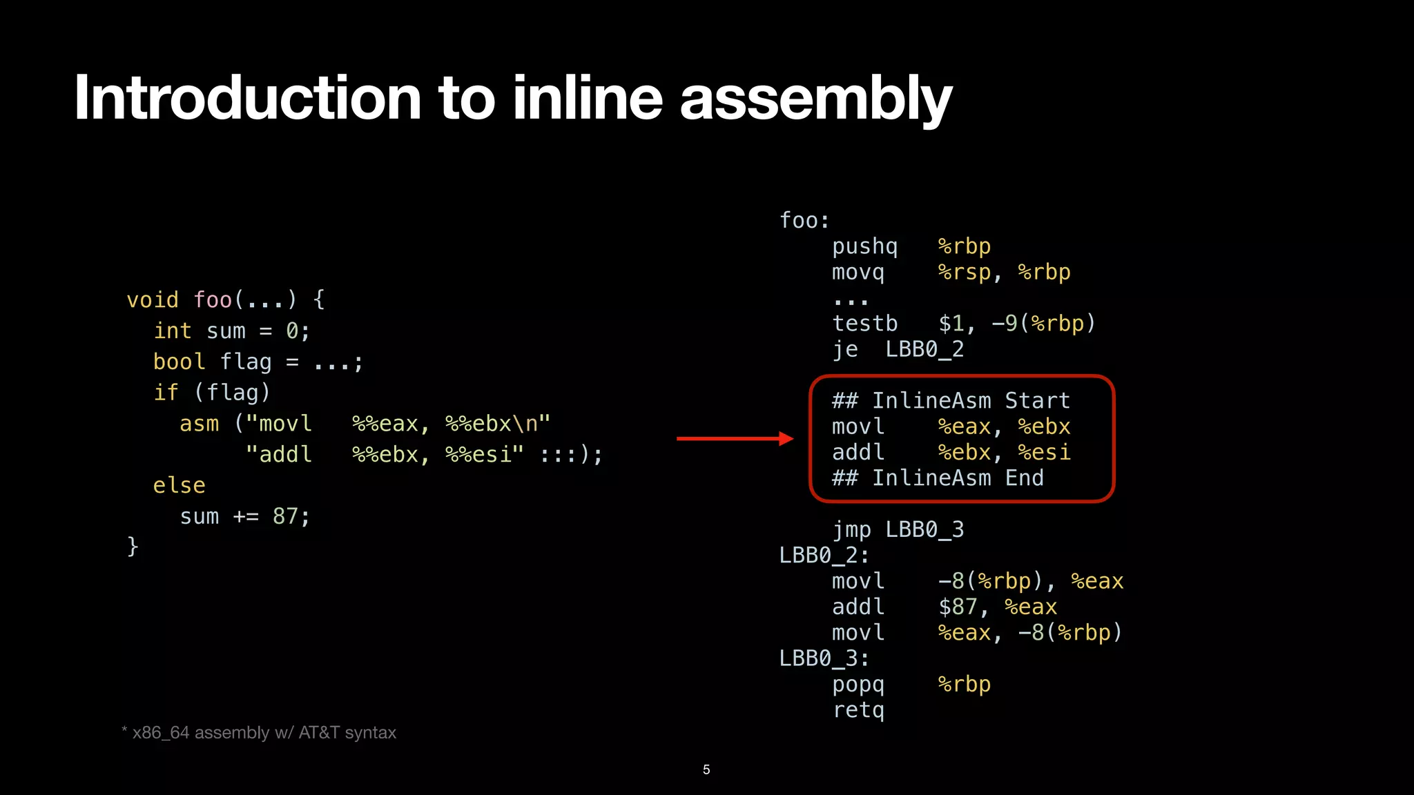 Introduction to inline assembly
5
void foo(...) {


int sum = 0;


bool flag = ...;


if (flag)


asm ("movl %%eax, %%ebxn"


"addl %%ebx, %%esi" :::);


else


sum += 87;


}


foo:


pushq %rbp


movq %rsp, %rbp


...


testb $1, -9(%rbp)


je LBB0_2


## InlineAsm Start


movl %eax, %ebx


addl %ebx, %esi


## InlineAsm End


jmp LBB0_3


LBB0_2:


movl -8(%rbp), %eax


addl $87, %eax


movl %eax, -8(%rbp)


LBB0_3:


popq %rbp


retq
* x86_64 assembly w/ AT&T syntax
 