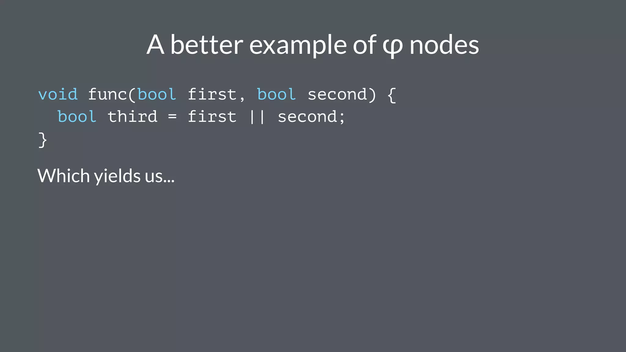 A better example of φ nodes
void func(bool first, bool second) {
bool third = first || second;
}
Which yields us...
 