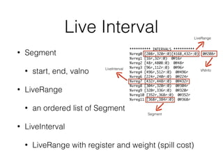 Live Interval
• Segment
• start, end, valno
• LiveRange
• an ordered list of Segment
• LiveInterval
• LiveRange with register and weight (spill cost)
********** INTERVALS **********
%vreg0 [208r,320r:0)[416B,432r:0) 0@208r
%vreg1 [16r,32r:0) 0@16r
%vreg2 [48r,480B:0) 0@48r
%vreg3 [96r,112r:0) 0@96r
%vreg4 [496r,512r:0) 0@496r
%vreg6 [224r,240r:0) 0@224r
%vreg7 [432r,448r:0) 0@432r
%vreg8 [304r,320r:0) 0@304r
%vreg9 [320r,336r:0) 0@320r
%vreg10 [352r,368r:0) 0@352r
%vreg11 [368r,384r:0) 0@368r
Segment
LiveRange
LiveInterval VNInfo
 