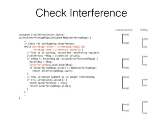 Check Interference
unsigned LiveIntervalUnion::Query::
collectInterferingVRegs(unsigned MaxInterferingRegs) {
…
// Check for overlapping interference.
while (VirtRegI->start < LiveUnionI.stop() &&
VirtRegI->end > LiveUnionI.start()) {
// This is an overlap, record the interfering register.
LiveInterval *VReg = LiveUnionI.value();
if (VReg != RecentReg && !isSeenInterference(VReg)) {
RecentReg = VReg;
InterferingVRegs.push_back(VReg);
if (InterferingVRegs.size() >= MaxInterferingRegs)
return InterferingVRegs.size();
}
// This LiveUnion segment is no longer interesting.
if (!(++LiveUnionI).valid()) {
SeenAllInterferences = true;
return InterferingVRegs.size();
}
}
…
}
LiveIntervalUnion VirtReg
start()
stop()
start
end
start()
stop()
start
end
start()
stop()
start
end
start()
stop()
start
end
 