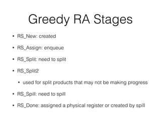 Greedy RA Stages
• RS_New: created
• RS_Assign: enqueue
• RS_Split: need to split
• RS_Split2
• used for split products that may not be making progress
• RS_Spill: need to spill
• RS_Done: assigned a physical register or created by spill
 
