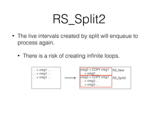 RS_Split2
• The live intervals created by split will enqueue to
process again.
• There is a risk of creating inﬁnite loops.
… = vreg1 …
… = vreg1 …
… = vreg1 …
vreg2 = COPY vreg1
… = vreg2 …
vreg3 = COPY vreg1
… = vreg3 …
… = vreg3 …
RS_New
RS_Split2
 