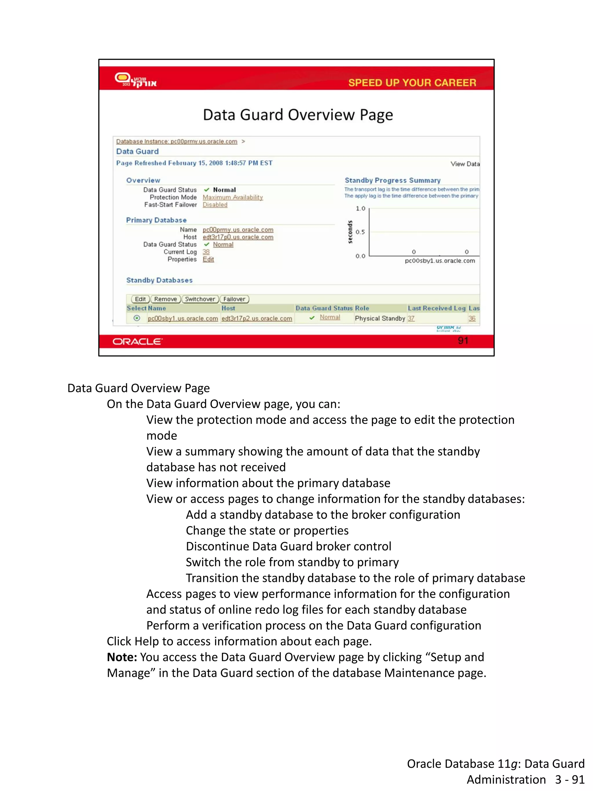 Oracle Database 11g: Data Guard Administration 3 - 91 
Data Guard Overview Page 
On the Data Guard Overview page, you can: 
View the protection mode and access the page to edit the protection mode 
View a summary showing the amount of data that the standby database has not received 
View information about the primary database 
View or access pages to change information for the standby databases: 
Add a standby database to the broker configuration 
Change the state or properties 
Discontinue Data Guard broker control 
Switch the role from standby to primary 
Transition the standby database to the role of primary database 
Access pages to view performance information for the configuration and status of online redo log files for each standby database 
Perform a verification process on the Data Guard configuration 
Click Help to access information about each page. 
Note: You access the Data Guard Overview page by clicking “Setup and Manage” in the Data Guard section of the database Maintenance page.  