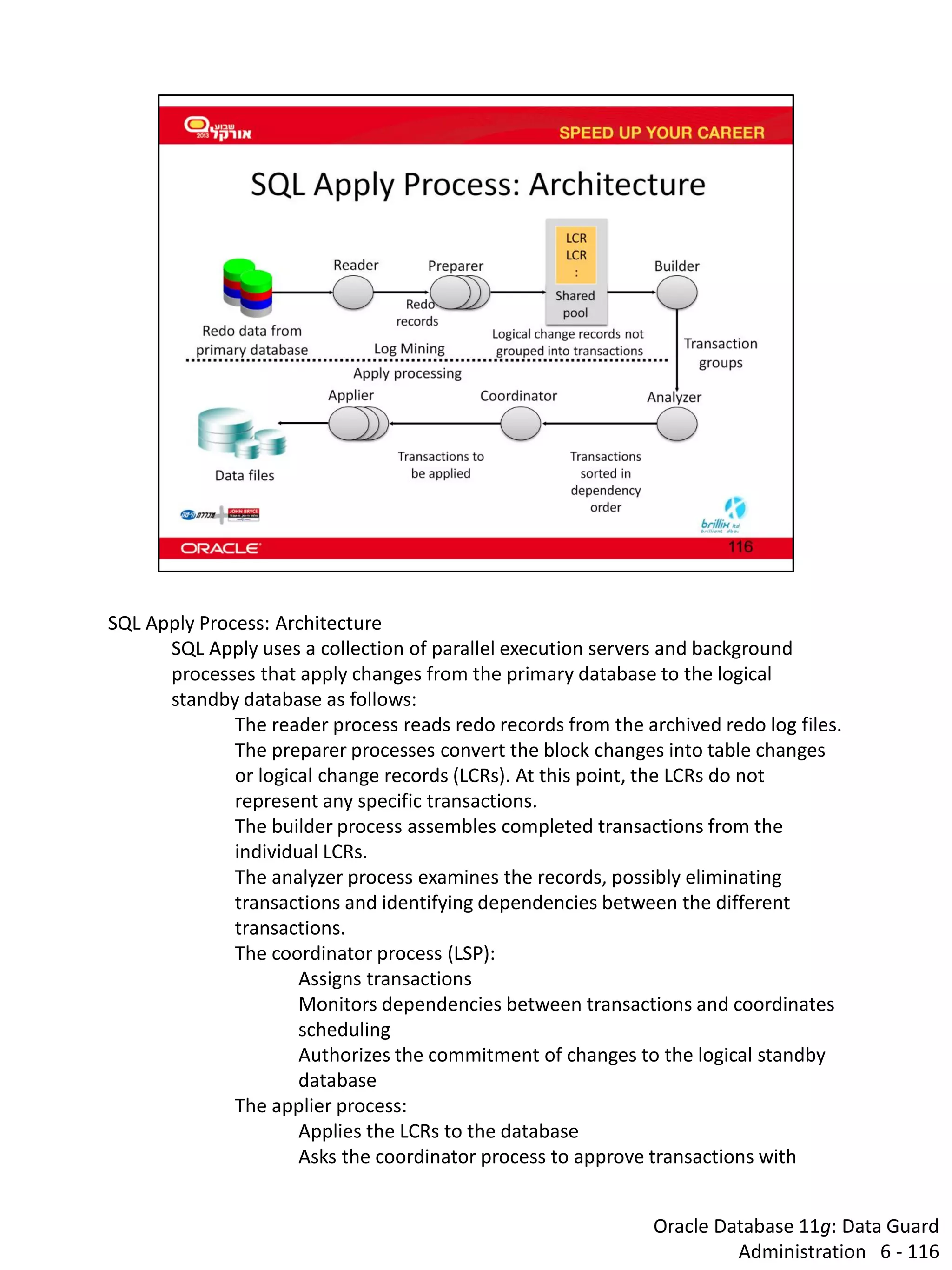Oracle Database 11g: Data Guard Administration 6 - 116 
SQL Apply Process: Architecture 
SQL Apply uses a collection of parallel execution servers and background processes that apply changes from the primary database to the logical standby database as follows: 
The reader process reads redo records from the archived redo log files. 
The preparer processes convert the block changes into table changes or logical change records (LCRs). At this point, the LCRs do not represent any specific transactions. 
The builder process assembles completed transactions from the individual LCRs. 
The analyzer process examines the records, possibly eliminating transactions and identifying dependencies between the different transactions. 
The coordinator process (LSP): 
Assigns transactions 
Monitors dependencies between transactions and coordinates scheduling 
Authorizes the commitment of changes to the logical standby database 
The applier process: 
Applies the LCRs to the database 
Asks the coordinator process to approve transactions with  