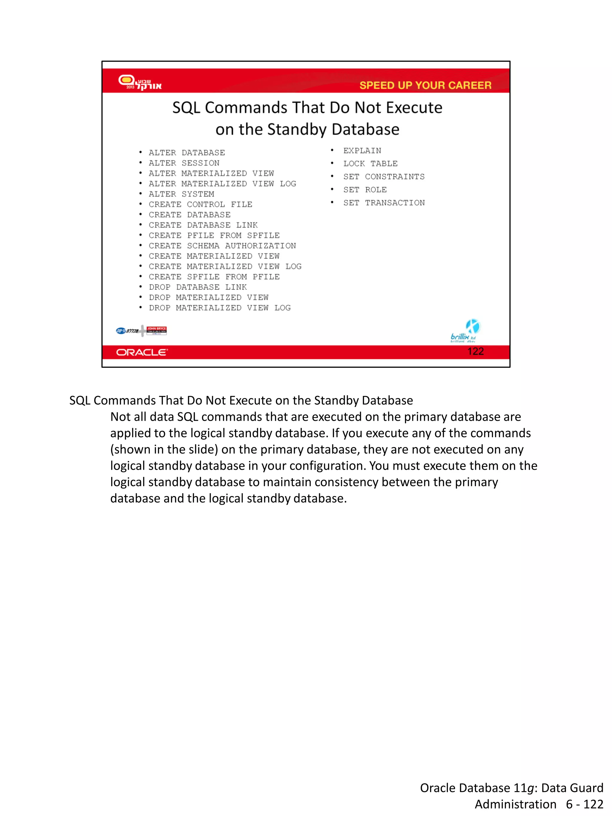 Oracle Database 11g: Data Guard Administration 6 - 122 
SQL Commands That Do Not Execute on the Standby Database 
Not all data SQL commands that are executed on the primary database are applied to the logical standby database. If you execute any of the commands (shown in the slide) on the primary database, they are not executed on any logical standby database in your configuration. You must execute them on the logical standby database to maintain consistency between the primary database and the logical standby database.  
