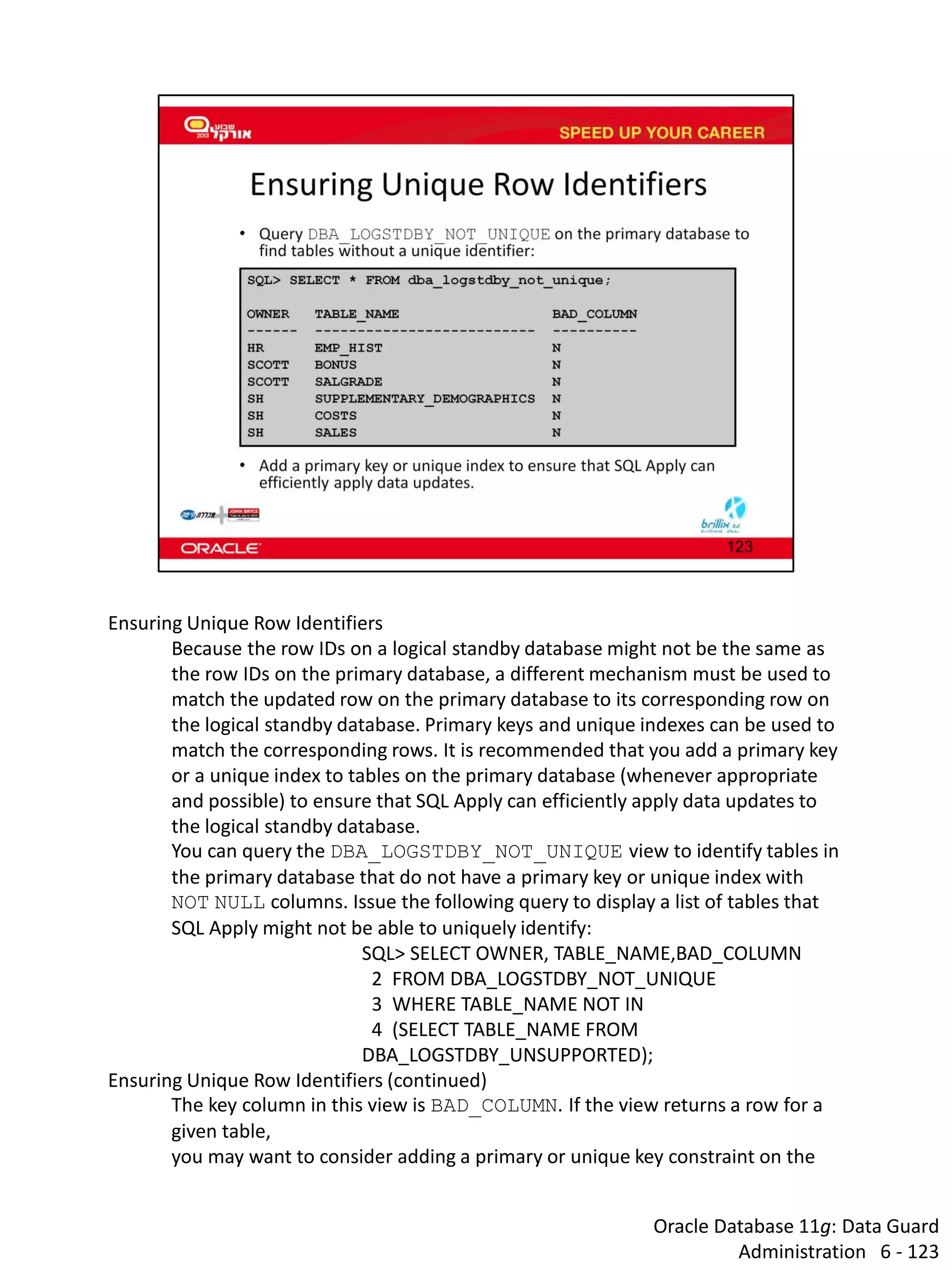 Oracle Database 11g: Data Guard Administration 6 - 123 
Ensuring Unique Row Identifiers 
Because the row IDs on a logical standby database might not be the same as the row IDs on the primary database, a different mechanism must be used to match the updated row on the primary database to its corresponding row on the logical standby database. Primary keys and unique indexes can be used to match the corresponding rows. It is recommended that you add a primary key or a unique index to tables on the primary database (whenever appropriate and possible) to ensure that SQL Apply can efficiently apply data updates to the logical standby database. 
You can query the DBA_LOGSTDBY_NOT_UNIQUE view to identify tables in the primary database that do not have a primary key or unique index with NOT NULL columns. Issue the following query to display a list of tables that SQL Apply might not be able to uniquely identify: 
SQL> SELECT OWNER, TABLE_NAME,BAD_COLUMN 
2 FROM DBA_LOGSTDBY_NOT_UNIQUE 
3 WHERE TABLE_NAME NOT IN 
4 (SELECT TABLE_NAME FROM DBA_LOGSTDBY_UNSUPPORTED); 
Ensuring Unique Row Identifiers (continued) 
The key column in this view is BAD_COLUMN. If the view returns a row for a given table, you may want to consider adding a primary or unique key constraint on the  