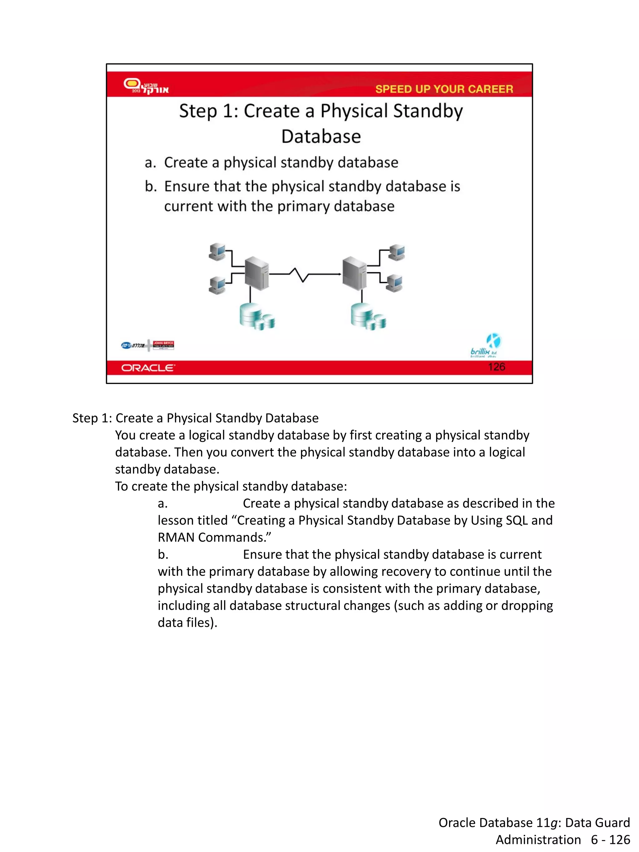 Oracle Database 11g: Data Guard Administration 6 - 126 
Step 1: Create a Physical Standby Database 
You create a logical standby database by first creating a physical standby database. Then you convert the physical standby database into a logical standby database. 
To create the physical standby database: 
a. Create a physical standby database as described in the lesson titled “Creating a Physical Standby Database by Using SQL and RMAN Commands.” 
b. Ensure that the physical standby database is current with the primary database by allowing recovery to continue until the physical standby database is consistent with the primary database, including all database structural changes (such as adding or dropping data files).  