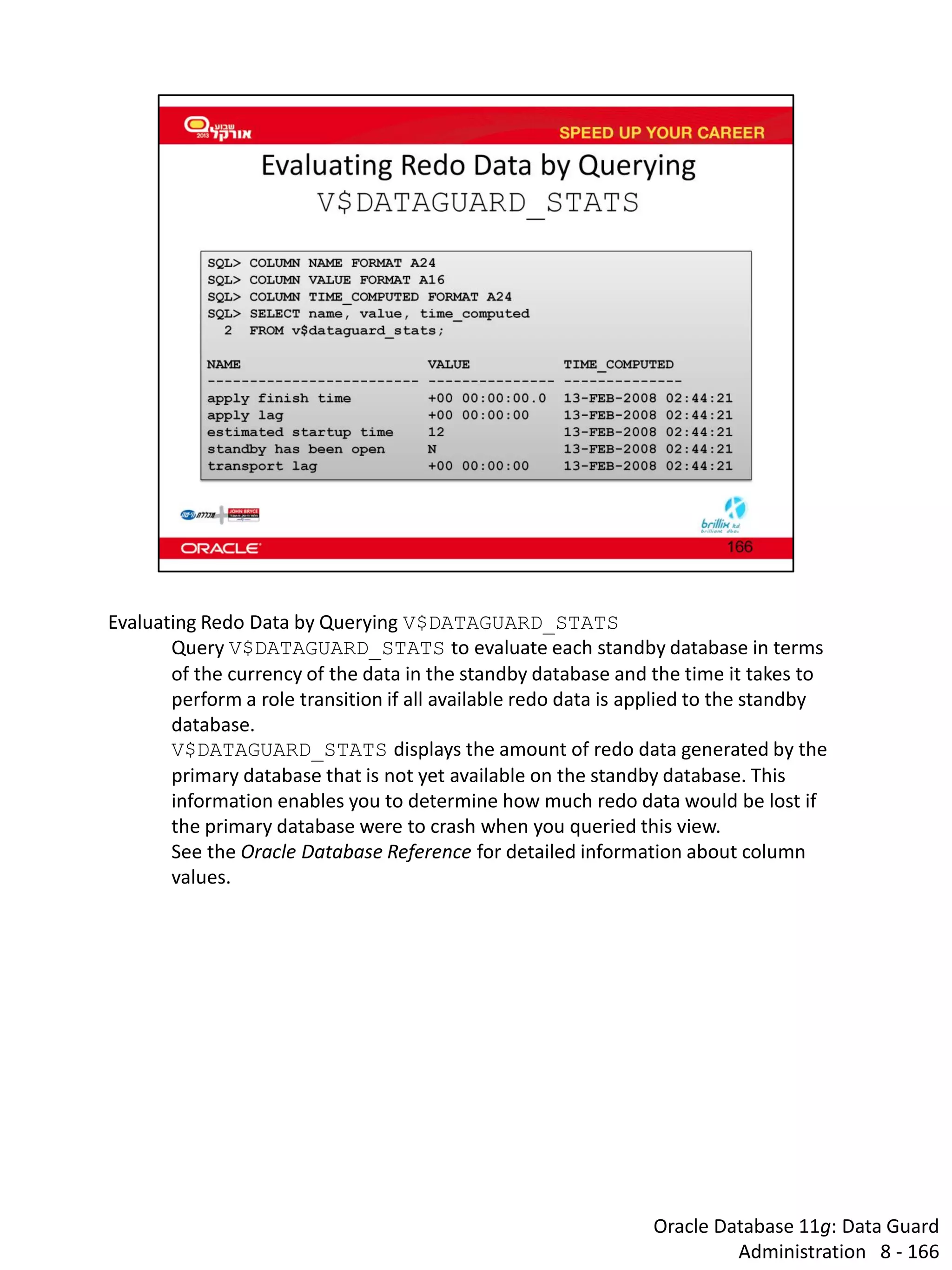 Oracle Database 11g: Data Guard Administration 8 - 166 
Evaluating Redo Data by Querying V$DATAGUARD_STATS 
Query V$DATAGUARD_STATS to evaluate each standby database in terms of the currency of the data in the standby database and the time it takes to perform a role transition if all available redo data is applied to the standby database. 
V$DATAGUARD_STATS displays the amount of redo data generated by the primary database that is not yet available on the standby database. This information enables you to determine how much redo data would be lost if the primary database were to crash when you queried this view. 
See the Oracle Database Reference for detailed information about column values.  