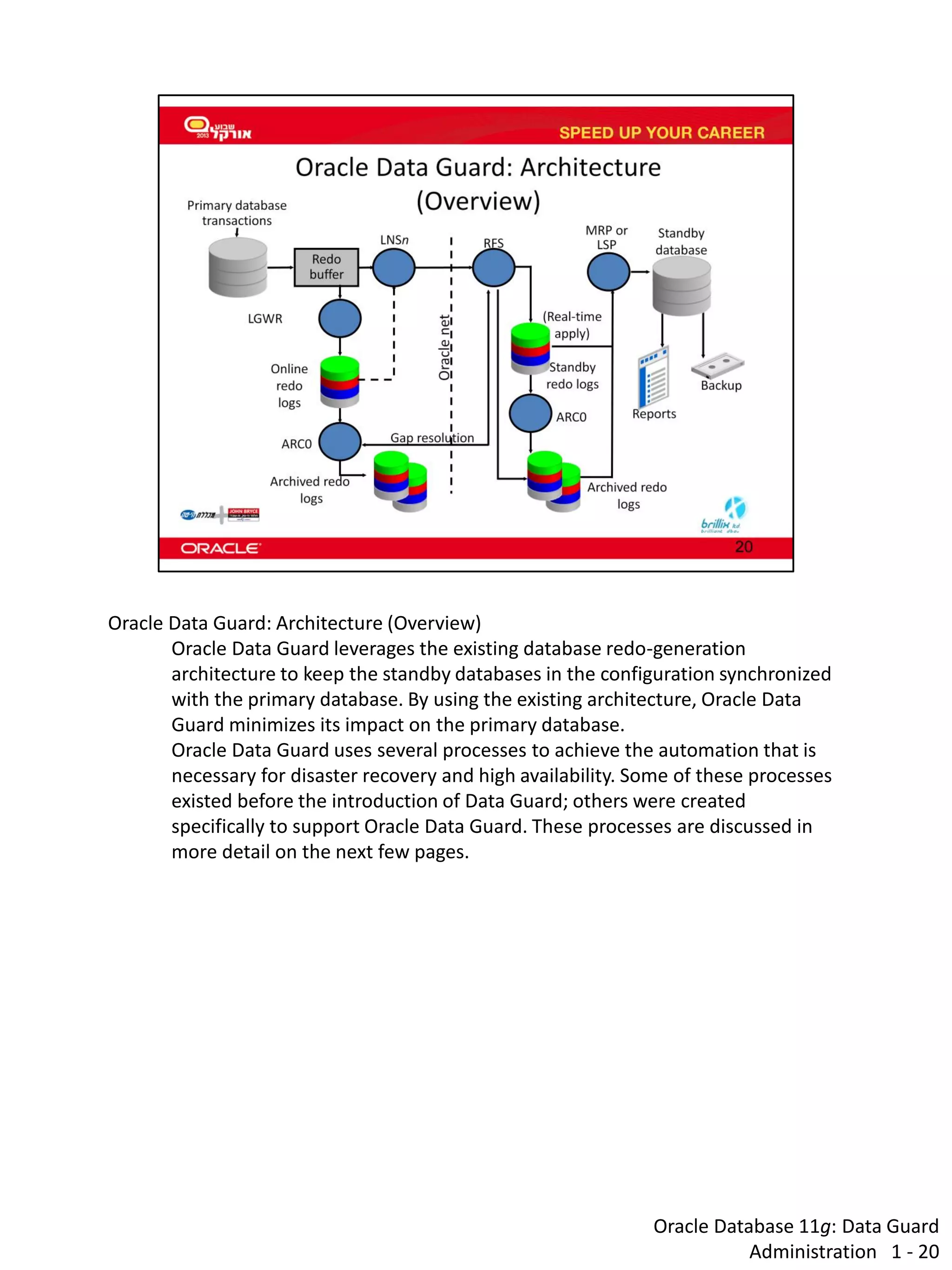 Oracle Database 11g: Data Guard Administration 1 - 20 
Oracle Data Guard: Architecture (Overview) 
Oracle Data Guard leverages the existing database redo-generation architecture to keep the standby databases in the configuration synchronized with the primary database. By using the existing architecture, Oracle Data Guard minimizes its impact on the primary database. 
Oracle Data Guard uses several processes to achieve the automation that is necessary for disaster recovery and high availability. Some of these processes existed before the introduction of Data Guard; others were created specifically to support Oracle Data Guard. These processes are discussed in more detail on the next few pages.  