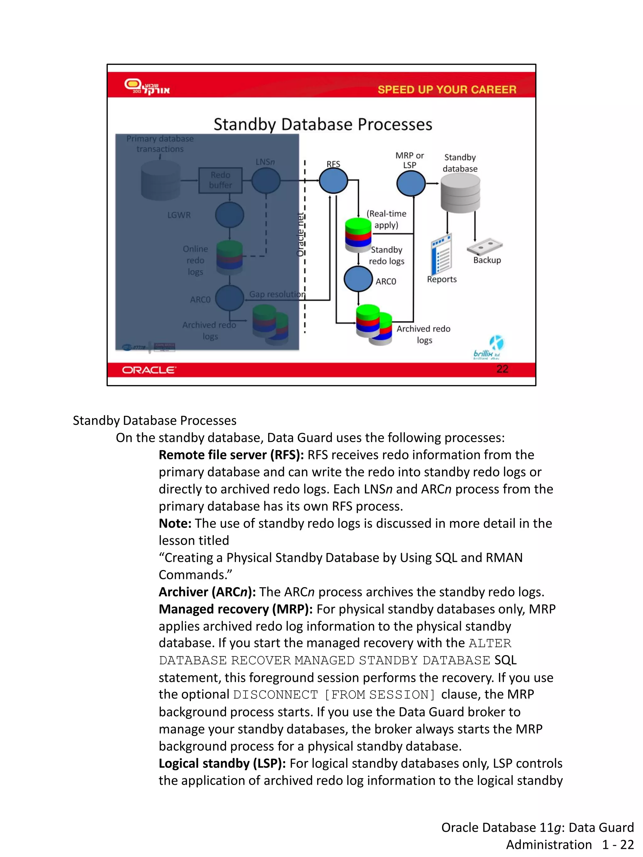 Oracle Database 11g: Data Guard Administration 1 - 22 
Standby Database Processes 
On the standby database, Data Guard uses the following processes: 
Remote file server (RFS): RFS receives redo information from the primary database and can write the redo into standby redo logs or directly to archived redo logs. Each LNSn and ARCn process from the primary database has its own RFS process. Note: The use of standby redo logs is discussed in more detail in the lesson titled “Creating a Physical Standby Database by Using SQL and RMAN Commands.” 
Archiver (ARCn): The ARCn process archives the standby redo logs. 
Managed recovery (MRP): For physical standby databases only, MRP applies archived redo log information to the physical standby database. If you start the managed recovery with the ALTER DATABASE RECOVER MANAGED STANDBY DATABASE SQL statement, this foreground session performs the recovery. If you use the optional DISCONNECT [FROM SESSION] clause, the MRP background process starts. If you use the Data Guard broker to manage your standby databases, the broker always starts the MRP background process for a physical standby database. 
Logical standby (LSP): For logical standby databases only, LSP controls the application of archived redo log information to the logical standby  