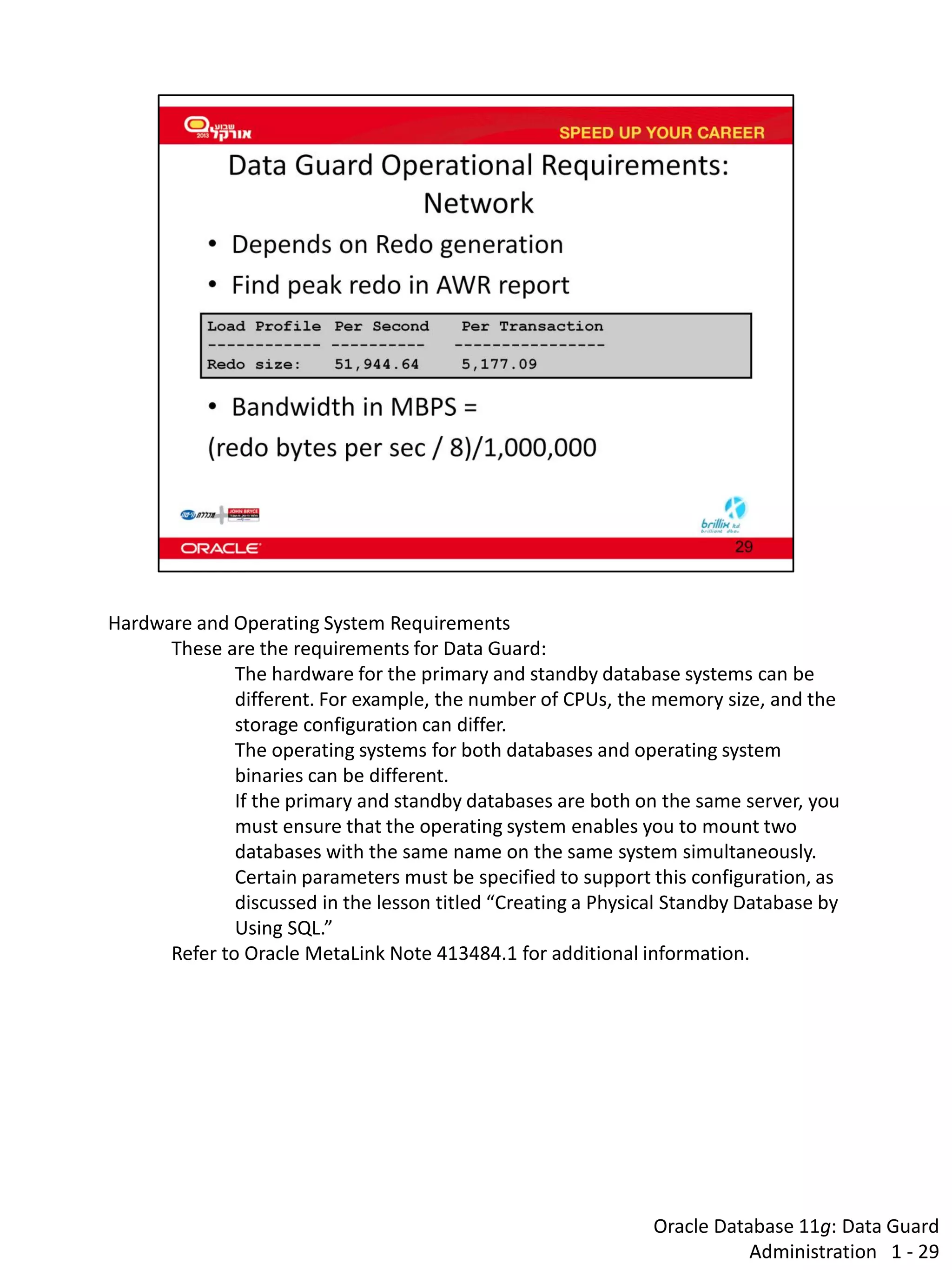 Oracle Database 11g: Data Guard Administration 1 - 29 
Hardware and Operating System Requirements 
These are the requirements for Data Guard: 
The hardware for the primary and standby database systems can be different. For example, the number of CPUs, the memory size, and the storage configuration can differ. 
The operating systems for both databases and operating system binaries can be different. If the primary and standby databases are both on the same server, you must ensure that the operating system enables you to mount two databases with the same name on the same system simultaneously. Certain parameters must be specified to support this configuration, as discussed in the lesson titled “Creating a Physical Standby Database by Using SQL.” 
Refer to Oracle MetaLink Note 413484.1 for additional information.  