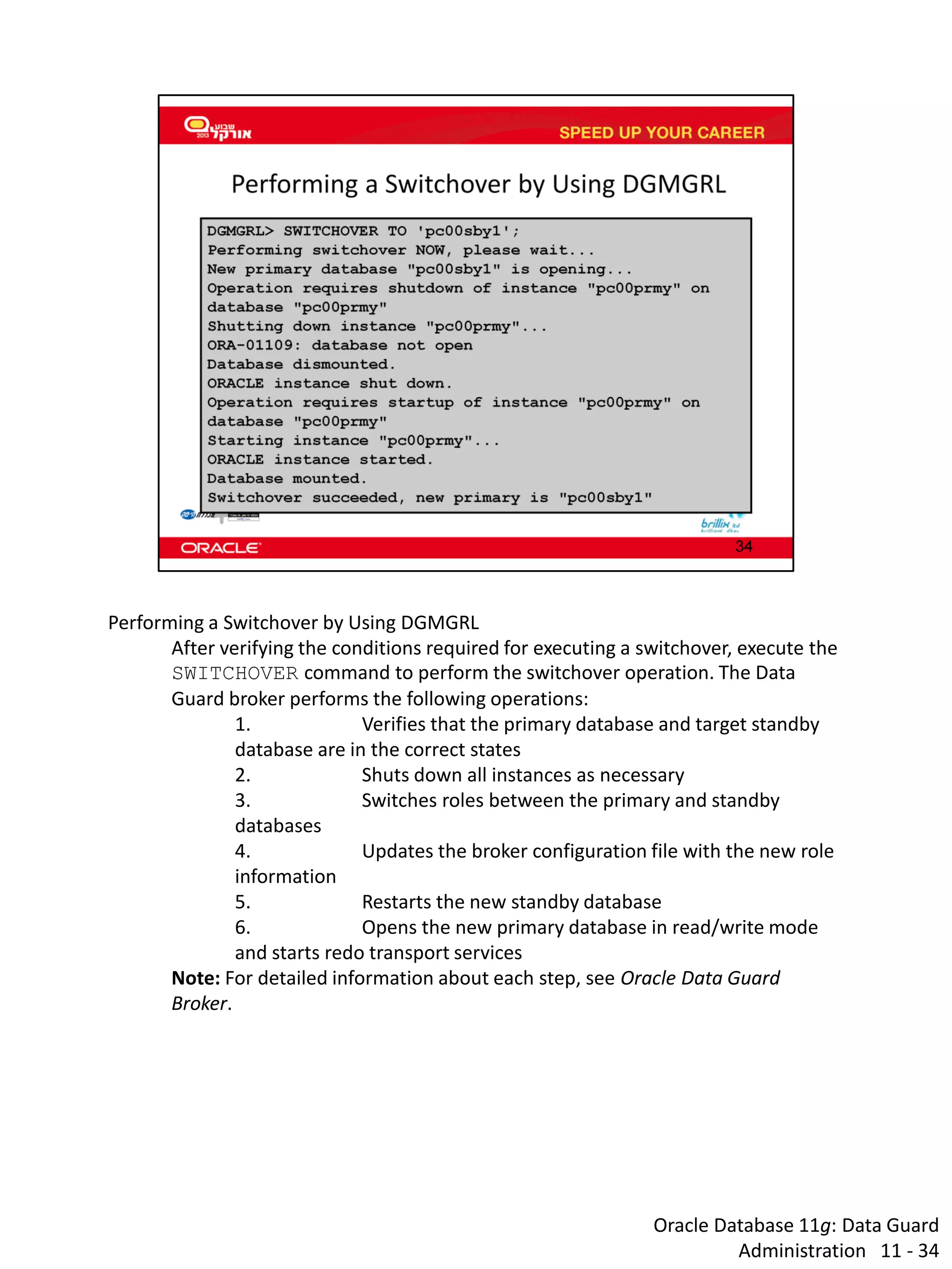 Oracle Database 11g: Data Guard Administration 11 - 34 
Performing a Switchover by Using DGMGRL 
After verifying the conditions required for executing a switchover, execute the SWITCHOVER command to perform the switchover operation. The Data Guard broker performs the following operations: 
1. Verifies that the primary database and target standby database are in the correct states 
2. Shuts down all instances as necessary 
3. Switches roles between the primary and standby databases 
4. Updates the broker configuration file with the new role information 
5. Restarts the new standby database 
6. Opens the new primary database in read/write mode and starts redo transport services 
Note: For detailed information about each step, see Oracle Data Guard Broker.  