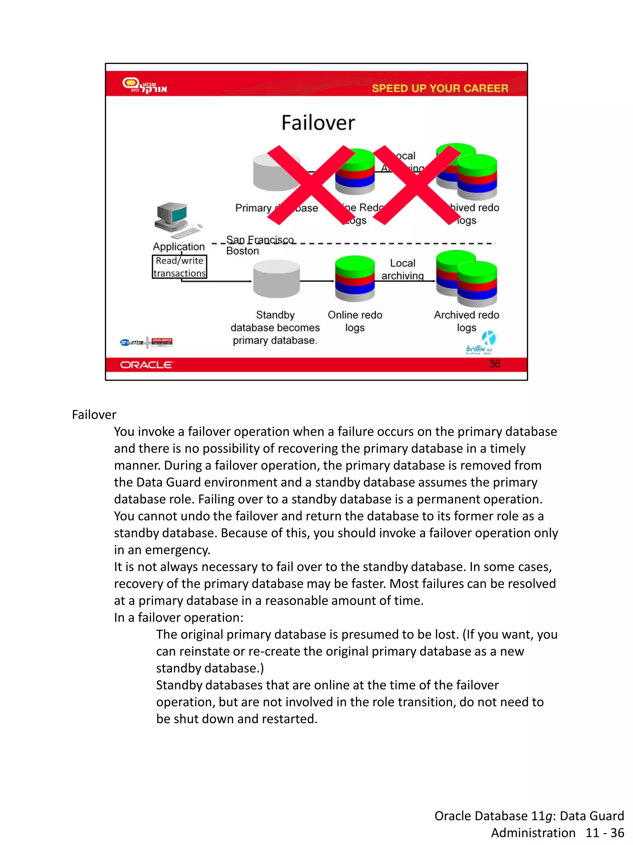 Oracle Database 11g: Data Guard Administration 11 - 36 
Failover You invoke a failover operation when a failure occurs on the primary database and there is no possibility of recovering the primary database in a timely manner. During a failover operation, the primary database is removed from the Data Guard environment and a standby database assumes the primary database role. Failing over to a standby database is a permanent operation. You cannot undo the failover and return the database to its former role as a standby database. Because of this, you should invoke a failover operation only in an emergency. It is not always necessary to fail over to the standby database. In some cases, recovery of the primary database may be faster. Most failures can be resolved at a primary database in a reasonable amount of time. In a failover operation: The original primary database is presumed to be lost. (If you want, you can reinstate or re-create the original primary database as a new standby database.) Standby databases that are online at the time of the failover operation, but are not involved in the role transition, do not need to be shut down and restarted.  