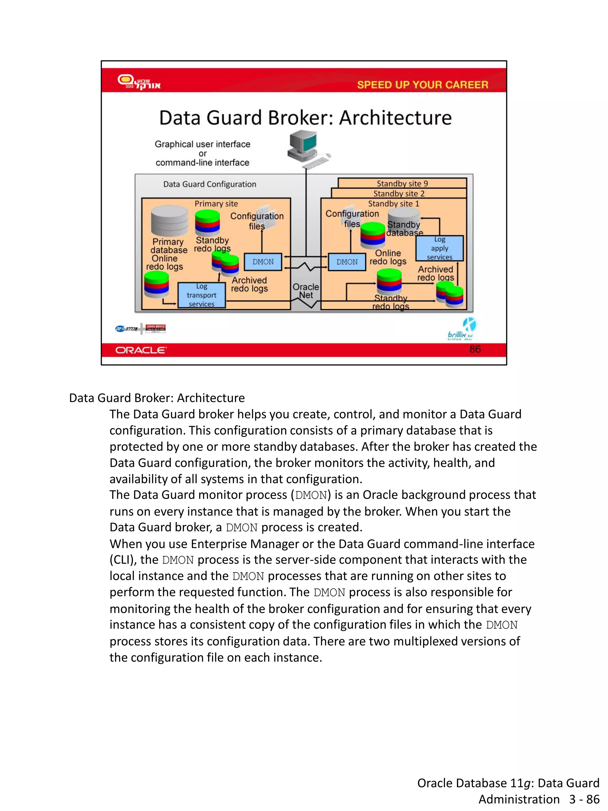 Oracle Database 11g: Data Guard Administration 3 - 86 
Data Guard Broker: Architecture 
The Data Guard broker helps you create, control, and monitor a Data Guard configuration. This configuration consists of a primary database that is protected by one or more standby databases. After the broker has created the Data Guard configuration, the broker monitors the activity, health, and availability of all systems in that configuration. 
The Data Guard monitor process (DMON) is an Oracle background process that runs on every instance that is managed by the broker. When you start the Data Guard broker, a DMON process is created. 
When you use Enterprise Manager or the Data Guard command-line interface (CLI), the DMON process is the server-side component that interacts with the local instance and the DMON processes that are running on other sites to perform the requested function. The DMON process is also responsible for monitoring the health of the broker configuration and for ensuring that every instance has a consistent copy of the configuration files in which the DMON process stores its configuration data. There are two multiplexed versions of the configuration file on each instance.  