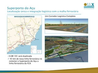 LLX: Localização EstratégicaHinterlândia com 75% do PIB brasileiroIntegrado com ferrovia e rodovia – um saltoquântico do caminhãopara a cabotagem;