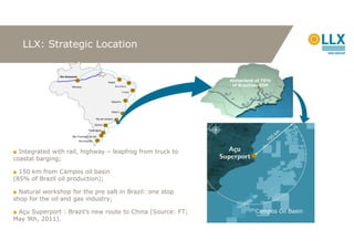 LLX: Strategic Location


                Rio Amazonas
                                                       Itaquí                Hinterland of 75%
                        Manaus                                  Fortaleza     of Brazilian GDP
                                                                     Suapé


                                                         Salvador


                                                         Vitória

                                             Rio de Janeiro

                                            Santos
                                      Paranaguá

                        São Francisco do Sul
                               Rio Grande


■ Integrated with rail, highway – leapfrog from truck to
coastal barging;

■ 150 km from Campos oil basin
(85% of Brazil oil production);

■ Natural workshop for the pre salt in Brazil: one stop
shop for the oil and gas industry;

■ Açu Superport : Brazil’s new route to China (Source: FT;                             Campos Oil Basin
May 9th, 2011).
 
