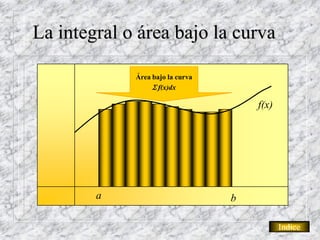 La integral o área bajo la curva

             Área bajo la curva
                   f(x)dx

                                      f(x)




        a                         b

                                             Indice
 