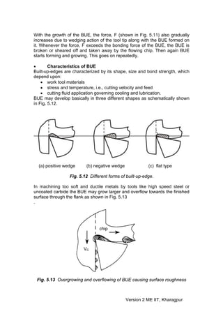 With the growth of the BUE, the force, F (shown in Fig. 5.11) also gradually
increases due to wedging action of the tool tip along with the BUE formed on
it. Whenever the force, F exceeds the bonding force of the BUE, the BUE is
broken or sheared off and taken away by the flowing chip. Then again BUE
starts forming and growing. This goes on repeatedly.

•       Characteristics of BUE
Built-up-edges are characterized by its shape, size and bond strength, which
depend upon:
    • work tool materials
    • stress and temperature, i.e., cutting velocity and feed
    • cutting fluid application governing cooling and lubrication.
BUE may develop basically in three different shapes as schematically shown
in Fig. 5.12.




  (a) positive wedge     (b) negative wedge              (c) flat type

                 Fig. 5.12 Different forms of built-up-edge.

In machining too soft and ductile metals by tools like high speed steel or
uncoated carbide the BUE may grow larger and overflow towards the finished
surface through the flank as shown in Fig. 5.13
.




                                chip



                        VC




 Fig. 5.13 Overgrowing and overflowing of BUE causing surface roughness



                                              Version 2 ME IIT, Kharagpur
 