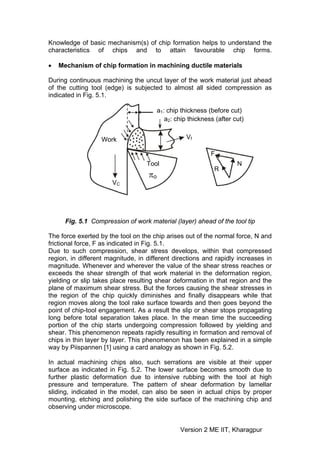 Knowledge of basic mechanism(s) of chip formation helps to understand the
characteristics of chips and to attain favourable chip forms.

•   Mechanism of chip formation in machining ductile materials

During continuous machining the uncut layer of the work material just ahead
of the cutting tool (edge) is subjected to almost all sided compression as
indicated in Fig. 5.1.

                                        a1: chip thickness (before cut)
                                           a2: chip thickness (after cut)


                   Work                            Vf

                                                            F
                                   Tool                               N
                                                             R
                                   πo
                      VC




      Fig. 5.1 Compression of work material (layer) ahead of the tool tip

The force exerted by the tool on the chip arises out of the normal force, N and
frictional force, F as indicated in Fig. 5.1.
Due to such compression, shear stress develops, within that compressed
region, in different magnitude, in different directions and rapidly increases in
magnitude. Whenever and wherever the value of the shear stress reaches or
exceeds the shear strength of that work material in the deformation region,
yielding or slip takes place resulting shear deformation in that region and the
plane of maximum shear stress. But the forces causing the shear stresses in
the region of the chip quickly diminishes and finally disappears while that
region moves along the tool rake surface towards and then goes beyond the
point of chip-tool engagement. As a result the slip or shear stops propagating
long before total separation takes place. In the mean time the succeeding
portion of the chip starts undergoing compression followed by yielding and
shear. This phenomenon repeats rapidly resulting in formation and removal of
chips in thin layer by layer. This phenomenon has been explained in a simple
way by Piispannen [1] using a card analogy as shown in Fig. 5.2.

In actual machining chips also, such serrations are visible at their upper
surface as indicated in Fig. 5.2. The lower surface becomes smooth due to
further plastic deformation due to intensive rubbing with the tool at high
pressure and temperature. The pattern of shear deformation by lamellar
sliding, indicated in the model, can also be seen in actual chips by proper
mounting, etching and polishing the side surface of the machining chip and
observing under microscope.


                                                Version 2 ME IIT, Kharagpur
 