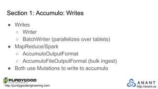 http://purdygoodengineering.com http://anant.us
Section 1: Accumulo: Writes
● Writes
○ Writer
○ BatchWriter (parallelizes over tablets)
● MapReduce/Spark
○ AccumuloOutputFormat
○ AccumuloFileOutputFormat (bulk ingest)
● Both use Mutations to write to accumulo
 