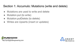 http://purdygoodengineering.com http://anant.us
Section 1: Accumulo: Mutations (write and delete)
● Mutations are used to write and delete
● Mutation.put (to write)
● Mutation.putDelete (to delete)
● Writes are Upserts (insert or updates)
 