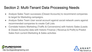 http://purdygoodengineering.com http://anant.us
Section 2: Multi-Tenant Data Processing Needs
● Analyze Sales Team successes (Closed Accounts) to recommend companies
to target for Marketing campaigns.
● Analyze Sales Team User social account against social network users against
recommended companies to create Call Lists
● Correlate historic Marketing (Traffic & Conversions) with historic Sales (Leads
& Closed Accounts) data with historic Finance ( Revenue & Profit) to Predict
Sales from current Marketing & Sales activities
 
