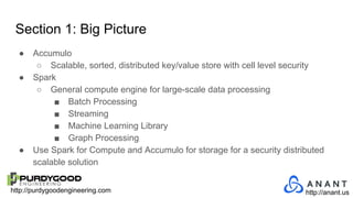http://purdygoodengineering.com http://anant.us
Section 1: Big Picture
● Accumulo
○ Scalable, sorted, distributed key/value store with cell level security
● Spark
○ General compute engine for large-scale data processing
■ Batch Processing
■ Streaming
■ Machine Learning Library
■ Graph Processing
● Use Spark for Compute and Accumulo for storage for a security distributed
scalable solution
 