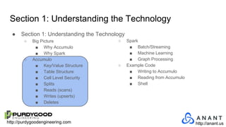 http://purdygoodengineering.com http://anant.us
● Section 1: Understanding the Technology
○ Big Picture
■ Why Accumulo
■ Why Spark
○ Accumulo
■ Key/Value Structure
■ Table Structure
■ Cell Level Security
■ Splits
■ Reads (scans)
■ Writes (upserts)
■ Deletes
○ Spark
■ Batch/Streaming
■ Machine Learning
■ Graph Processing
○ Example Code
■ Writing to Accumulo
■ Reading from Accumulo
■ Shell
Section 1: Understanding the Technology
 