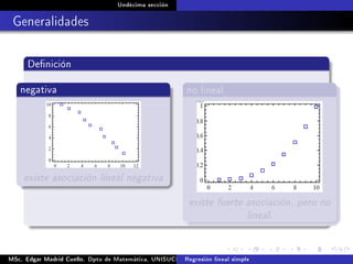 Undécima sección
Generalidades
Denición
negativa
existe asociación lineal negativa
no lineal
existe fuerte asociación, pero no
lineal.
MSc. Edgar Madrid Cuello. Dpto de Matemática, UNISUCRE Análisis y diseño de experimentosRegresión lineal simple
 
