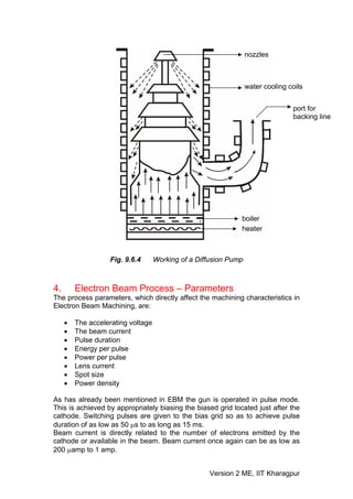 nozzles



                                                                  water cooling coils


                                                                                 port for
                                                                                 backing line




                                                              boiler
                                                              heater



                   Fig. 9.6.4       Working of a Diffusion Pump



4.       Electron Beam Process – Parameters
The process parameters, which directly affect the machining characteristics in
Electron Beam Machining, are:

     •   The accelerating voltage
     •   The beam current
     •   Pulse duration
     •   Energy per pulse
     •   Power per pulse
     •   Lens current
     •   Spot size
     •   Power density

As has already been mentioned in EBM the gun is operated in pulse mode.
This is achieved by appropriately biasing the biased grid located just after the
cathode. Switching pulses are given to the bias grid so as to achieve pulse
duration of as low as 50 μs to as long as 15 ms.
Beam current is directly related to the number of electrons emitted by the
cathode or available in the beam. Beam current once again can be as low as
200 μamp to 1 amp.


                                                    Version 2 ME, IIT Kharagpur
 