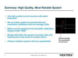 11 © Vektrex 2016 – www.vektrex.com
Summary: High Quality, Most Reliable System
• Use high quality current sources with spike
protection
• Set up safety systems to prevent thermal
overstress conditions that can damage LEDs
• Make sure all equipment has traceable calibration,
ideally to ISO 17025
• Design fail-safes into system to protect data and
load boards in the event of a power failure
• Choose modular systems that are upgradeable
13X Current Spike
from unprotected
current source
 