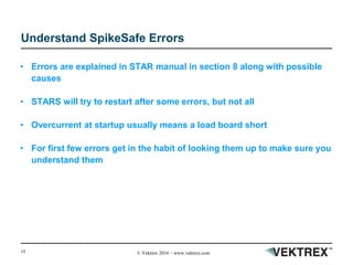 19 © Vektrex 2016 – www.vektrex.com
Understand SpikeSafe Errors
• Errors are explained in STAR manual in section 8 along with possible
causes
• STARS will try to restart after some errors, but not all
• Overcurrent at startup usually means a load board short
• For first few errors get in the habit of looking them up to make sure you
understand them
 