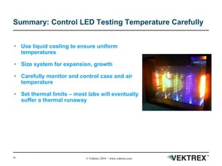 41 © Vektrex 2016 – www.vektrex.com
Summary: Control LED Testing Temperature Carefully
• Use liquid cooling to ensure uniform
temperatures
• Size system for expansion, growth
• Carefully monitor and control case and air
temperature
• Set thermal limits – most labs will eventually
suffer a thermal runaway
 
