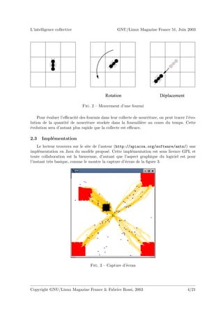 L’intelligence collective                        GNU/Linux Magazine France 51, Juin 2003




                                           Rotation                       Déplacement

                             Fig. 2 – Mouvement d’une fourmi

    Pour ´valuer l’eﬃcacit´ des fourmis dans leur collecte de nourriture, on peut tracer l’´vo-
         e                e                                                                e
lution de la quantit´ de nourriture stock´e dans la fourmili`re au cours du temps. Cette
                     e                     e                   e
´volution sera d’autant plus rapide que la collecte est eﬃcace.
e

2.3   Impl´mentation
          e
    Le lecteur trouvera sur le site de l’auteur (http://apiacoa.org/software/ants/) une
impl´mentation en Java du mod`le propos´. Cette impl´mentation est sous licence GPL et
     e                            e          e           e
toute collaboration est la bienvenue, d’autant que l’aspect graphique du logiciel est pour
l’instant tr`s basique, comme le montre la capture d’´cran de la ﬁgure 3.
            e                                        e




                                  Fig. 3 – Capture d’´cran
                                                     e




Copyright GNU/Linux Magazine France & Fabrice Rossi, 2003                                 4/21
 
