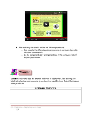 • After watching the videos, answer the following questions:
o Can you cite the different parts/ components of computer showed in
the video presentation?
o Do the components play an important role in the computer system?
Explain your answer.
Direction: Draw and label the different hardware of a computer. After drawing and
labeling the hardware components, group them into Input Devices, Output Devices and
Storage Devices.
PERSONAL COMPUTER
ICT- COMPUTER HARDWARE SERVICING
25
TransferTransfer
 