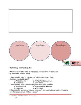 Preliminary Activity: Pre- Test
Direction: Select the letter of the correct answer. Write your answers
on a separate sheet of paper.
1. Which tool is used for hardware to stand on to prevent static
electricity from building up?
a. Anti-static mat c. Philips head screwdriver
b. Hex driver d. Wire cutter
2. Which tool is used to loosen or tighten cross-head screws?
a. Anti-static mat c. Philips head screwdriver
b. Hex driver d. Wire cutter
3. Which tool is sometimes called a nut driver? It is used to tighten nuts in the same
way that a screwdriver tightens screws?
ICT- COMPUTER HARDWARE SERVICING
26
KnowKnow
 