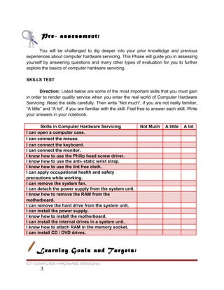 Pre- assessment:
You will be challenged to dig deeper into your prior knowledge and previous
experiences about computer hardware servicing. This Phase will guide you in assessing
yourself by answering questions and many other types of evaluation for you to further
explore the basics of computer hardware servicing.
SKILLS TEST
Direction: Listed below are some of the most important skills that you must gain
in order to render quality service when you enter the real world of Computer Hardware
Servicing. Read the skills carefully. Then write “Not much”, if you are not really familiar,
“A little” and “A lot”, if you are familiar with the skill. Feel free to answer each skill. Write
your answers in your notebook.
Skills in Computer Hardware Servicing Not Much A little A lot
I can open a computer case.
I can connect the mouse.
I can connect the keyboard.
I can connect the monitor.
I know how to use the Philip head screw driver.
I know how to use the anti- static wrist strap.
I know how to use the lint free cloth.
I can apply occupational health and safety
precautions while working.
I can remove the system fan.
I can detach the power supply from the system unit.
I know how to remove the RAM from the
motherboard.
I can remove the hard drive from the system unit.
I can install the power supply.
I know how to install the motherboard.
I can install the internal drives in a system unit.
I know how to attach RAM in the memory socket.
I can install CD / DVD drives.
Learning Goals and Targets:
ICT- COMPUTER HARDWARE SERVICING
3
 