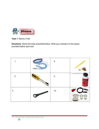 Task 1: Name a Tool
Directions: Name the tools presented below. Write your answers on the space
provided before each tool.
1. 8.
2. 9.
3. 10.
ICT- COMPUTER HARDWARE SERVICING
33
ProcessProcess
 
