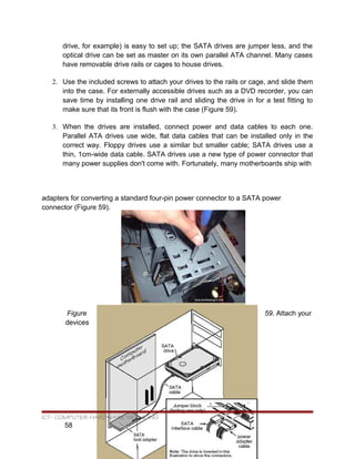 drive, for example) is easy to set up; the SATA drives are jumper less, and the
optical drive can be set as master on its own parallel ATA channel. Many cases
have removable drive rails or cages to house drives.
2. Use the included screws to attach your drives to the rails or cage, and slide them
into the case. For externally accessible drives such as a DVD recorder, you can
save time by installing one drive rail and sliding the drive in for a test fitting to
make sure that its front is flush with the case (Figure 59).
3. When the drives are installed, connect power and data cables to each one.
Parallel ATA drives use wide, flat data cables that can be installed only in the
correct way. Floppy drives use a similar but smaller cable; SATA drives use a
thin, 1cm-wide data cable. SATA drives use a new type of power connector that
many power supplies don't come with. Fortunately, many motherboards ship with
adapters for converting a standard four-pin power connector to a SATA power
connector (Figure 59).
Figure 59. Attach your
devices
ICT- COMPUTER HARDWARE SERVICING
58
 