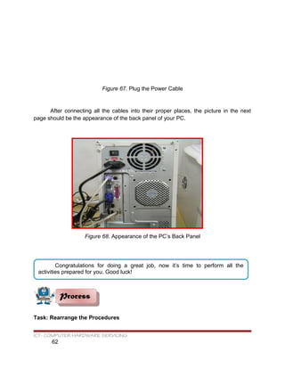 Figure 67. Plug the Power Cable
After connecting all the cables into their proper places, the picture in the next
page should be the appearance of the back panel of your PC.
Figure 68. Appearance of the PC’s Back Panel
Task: Rearrange the Procedures
ICT- COMPUTER HARDWARE SERVICING
62
ProcessProcess
Congratulations for doing a great job, now it’s time to perform all the
activities prepared for you. Good luck!
 