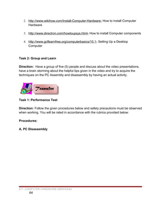 2. http://www.wikihow.com/Install-Computer-Hardware- How to install Computer
Hardware
3. http://www.directron.com/howtoupsys.html- How to install Computer components
4. http://www.gcflearnfree.org/computerbasics/10.1- Setting Up a Desktop
Computer
Task 2: Group and Learn
Direction: Have a group of five (5) people and discuss about the video presentations,
have a brain storming about the helpful tips given in the video and try to acquire the
techniques on the PC Assembly and disassembly by having an actual activity.
Task 1: Performance Test
Direction: Follow the given procedures below and safety precautions must be observed
when working. You will be rated in accordance with the rubrics provided below:
Procedures:
A. PC Disassembly
ICT- COMPUTER HARDWARE SERVICING
64
TransferTransfer
 