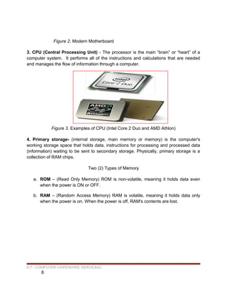 Figure 2. Modern Motherboard
3. CPU (Central Processing Unit) - The processor is the main “brain” or “heart” of a
computer system. It performs all of the instructions and calculations that are needed
and manages the flow of information through a computer.
Figure 3. Examples of CPU (Intel Core 2 Duo and AMD Athlon)
4. Primary storage- (internal storage, main memory or memory) is the computer's
working storage space that holds data, instructions for processing and processed data
(information) waiting to be sent to secondary storage. Physically, primary storage is a
collection of RAM chips.
Two (2) Types of Memory
a. ROM – (Read Only Memory) ROM is non-volatile, meaning it holds data even
when the power is ON or OFF.
b. RAM – (Random Access Memory) RAM is volatile, meaning it holds data only
when the power is on. When the power is off, RAM's contents are lost.
ICT- COMPUTER HARDWARE SERVICING
8
 
