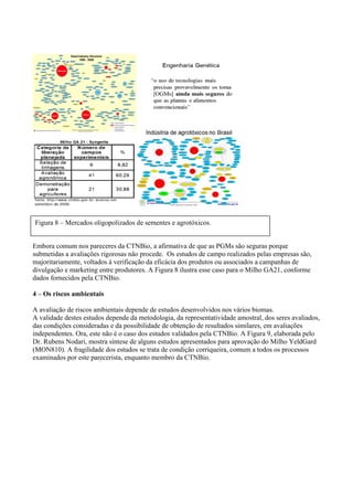 Embora comum nos pareceres da CTNBio, a afirmativa de que as PGMs são seguras porque
submetidas a avaliações rigorosas não procede. Os estudos de campo realizados pelas empresas são,
majoritariamente, voltados à verificação da eficácia dos produtos ou associados a campanhas de
divulgação e marketing entre produtores. A Figura 8 ilustra esse caso para o Milho GA21, conforme
dados fornecidos pela CTNBio.
4 – Os riscos ambientais
A avaliação de riscos ambientais depende de estudos desenvolvidos nos vários biomas.
A validade destes estudos depende da metodologia, da representatividade amostral, dos seres avaliados,
das condições consideradas e da possibilidade de obtenção de resultados similares, em avaliações
independentes. Ora, este não é o caso dos estudos validados pela CTNBio. A Figura 9, elaborada pelo
Dr. Rubens Nodari, mostra síntese de alguns estudos apresentados para aprovação do Milho YeldGard
(MON810). A fragilidade dos estudos se trata de condição corriqueira, comum a todos os processos
examinados por este parecerista, enquanto membro da CTNBio.
Figura 8 – Mercados oligopolizados de sementes e agrotóxicos.
 