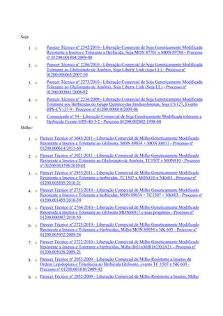 Soja
1. Parecer Técnico nº 2542/2010 - Liberação Comercial de Soja Geneticamente Modificada
Resistente a Insetos e Tolerante a Herbicida, Soja MON 87701 x MON 89788 - Processo
nº 01200.001864/2009-00
2. Parecer Técnico nº 2286/2010 - Liberação Comercial de Soja Geneticamente Modificada
Tolerante ao Glufosinato de Amônio, Soja Liberty Link (soja LL) - Processo nº
01200.006065/2007-50
3. Parecer Técnico nº 2273/2010 - Liberação Comercial de Soja Geneticamente Modificada
Tolerante ao Glufosinato de Amônio, Soja Liberty Link (Soja LL) - Processo nº
01200.003881/2008-92
4. Parecer Técnico nº 2236/2009 - Liberação Comercial de Soja Geneticamente Modificada
Tolerante aos Herbicidas do Grupo Químico das Imidazolinonas, Soja CV127, Evento
BPS-CV127-9 - Processo nº 01200.000010/2009-06
5. Comunicado nº 54 - Liberação Comercial de Soja Geneticamente Modificada tolerante a
Herbicida Evento GTS-40-3-2 - Processo 01200.002402/1998-60
Milho:
1. Parecer Técnico nº 3045/2011 - Liberação Comercial de Milho Geneticamente Modificado
Resistente a Insetos e Tolerante ao Glifosato, MON 89034 × MON 88017 - Processo nº
01200.000614/2011-69
2. Parecer Técnico nº 3021/2011 - Liberação Comercial de Milho Geneticamente Modificado
Resistente a Insetos e Tolerante ao Glufosinato de Amônio, TC1507 x MON810 - Processo
nº 01200.001798/2010-01
3. Parecer Técnico nº 2955/2011 - Liberação Comercial de Milho Geneticamente Modificado
Resistente a Insetos e Tolerante a herbicidas, TC1507 x MON810 x NK603 - Processo nº
01200.003895/2010-21
4. Parecer Técnico nº 2753/2010 - Liberação Comercial de Milho Geneticamente Modificado
Resistente a Insetos e Tolerante a herbicidas, MON 89034 × TC1507 × NK603 - Processo nº
01200.001455/2010-39
5. Parecer Técnico nº 2764/2010 - Liberação Comercial de Milho Geneticamente Modificado
Resistente a Insetos e Tolerante ao Glifosato MON88017 e suas progênies - Processo nº
01200.000987/2010-59
6. Parecer Técnico nº 2725/2010 - Liberação Comercial de Milho Geneticamente Modificado
Resistente a Insetos e Tolerante a Herbicidas, Milho MON 89034 x NK 603 - Processo nº
01200.003952/2009-38
7. Parecer Técnico nº 2722/2010 - Liberação Comercial de Milho Geneticamente Modificado
Resistente a Insetos e Tolerante a Herbicidas, Milho Bt11xMIR162XGA21 - Processo nº
01200.005038/2009-21
8. Parecer Técnico nº 2053/2009 - Liberação Comercial de Milho Resistente a Insetos da
Ordem Lepidoptera e Tolerância ao Herbicida Glifosato, evento TC 1507 x NK 603 -
Processo nº 01200.001016/2009-92
9. Parecer Técnico nº 2052/2009 - Liberação Comercial de Milho Resistente a Insetos, Milho
 