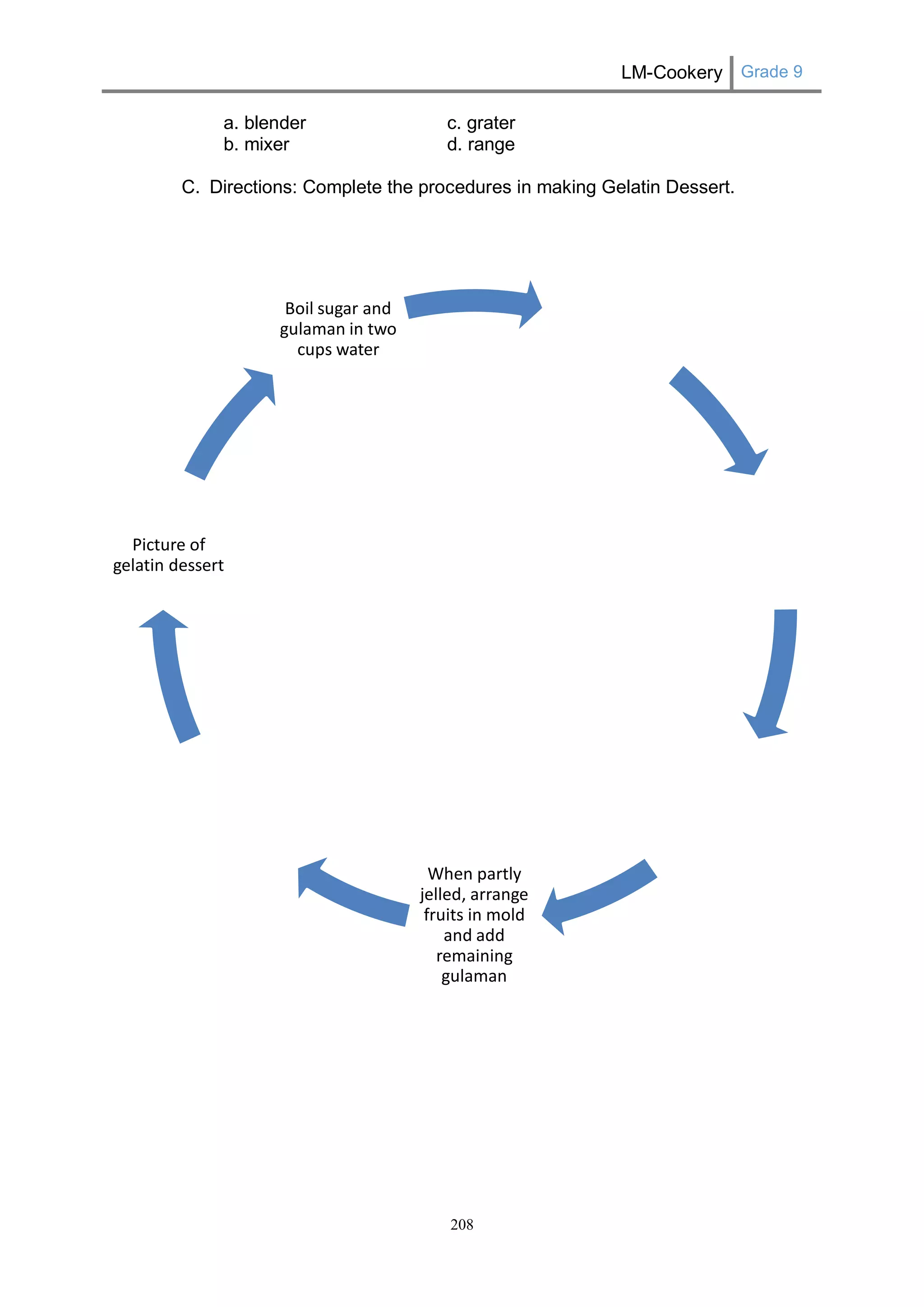 LM-Cookery Grade 9 
208 
a. blender c. grater 
b. mixer d. range 
C. Directions: Complete the procedures in making Gelatin Dessert. 
When partly jelled, arrange fruits in mold and add remaining gulaman 
Picture of gelatin dessert 
Boil sugar and gulaman in two cups water  